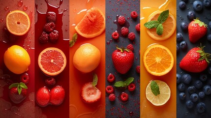 Colorful background with fresh fruits and berries. Top view, flat lay