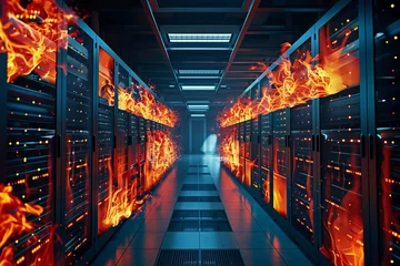 Foto op Canvas Modern futuristic data center storage supercomputer room, server cabinets with wires, burning on fire in flames. Concept of cyberattack, data breach, security vulnerability overheat, system failure © Ilia