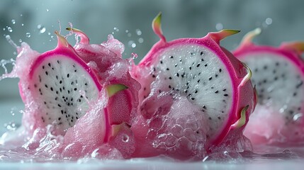 Close up of dragon fruit with water splash on a white background