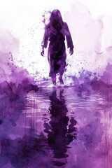 Purple splash watercolor of Jesus Christ walking on water