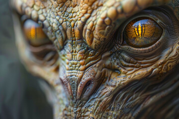 A close up of a monster's face with yellow eyes
