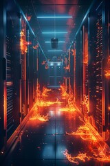 Modern futuristic data center storage supercomputer room, server cabinets with wires, burning on fire in flames. Concept of cyberattack, data breach, security vulnerability overheat, system failure