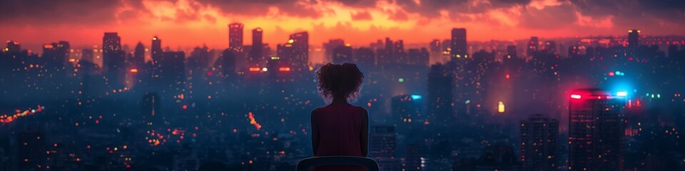Beautiful panoramic aerial view of the city at sunset. Silhouette of a businesswoman sitting on a chair and looking at the city
