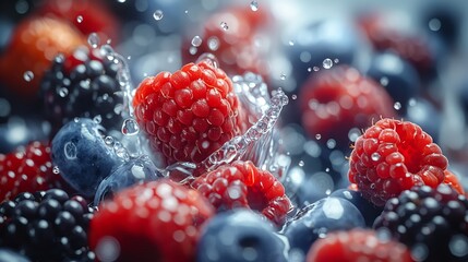 Close-up of blueberries and raspberries splashing in water