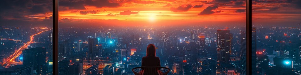 Beautiful panoramic aerial view of the city at sunset. Silhouette of a businesswoman sitting on a...