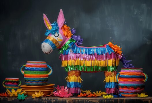 pinata, mexican donkey and colorful plates on table with dark background Generative AI