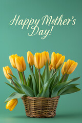 yellow tulips in a low wicker basket on a solid light green background with inscription "Happy Mother's Day!"