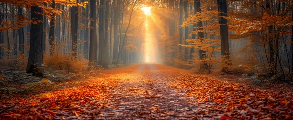 Foto op Plexiglas Autumn splendor on a forest path with golden sunrise © thodonal