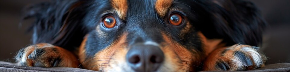 Close-up portrait of a cute dog lying on the bed - obrazy, fototapety, plakaty