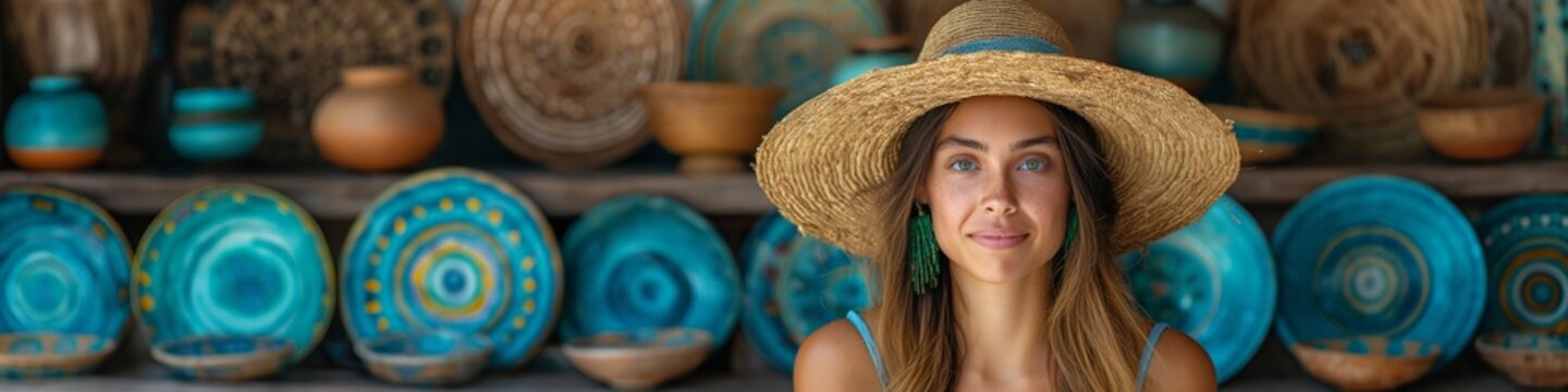 Portrait of young woman in straw hat in pottery shop