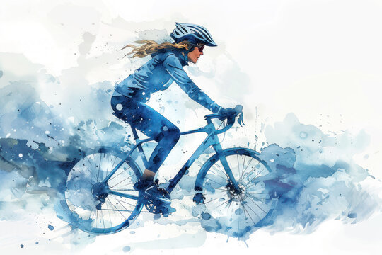 Blue watercolor painting of side view woman cyclist in road bike