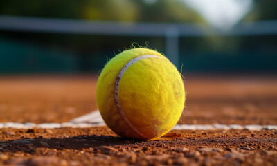Yellow tennis ball on the baseline of a clay court