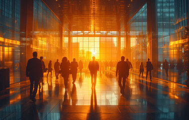 Sunset illuminating a bustling corporate office lobby
