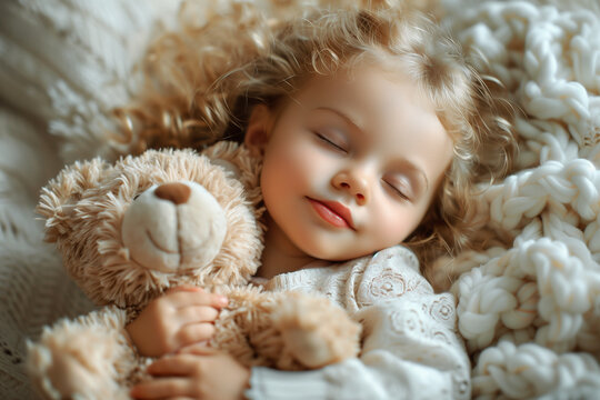 A charming little girl with light curly hair sleeps serenely, gently hugging a soft teddy bear, the concept of sleep and rest, healthy lifestyle and development