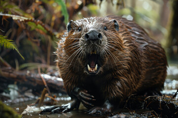 A beaver is standing in the water with its mouth open