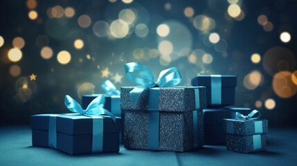 Blue gift boxes with glowing glitter on blurred background. New year, Christmas, thanks giving and surprise concept. - obrazy, fototapety, plakaty