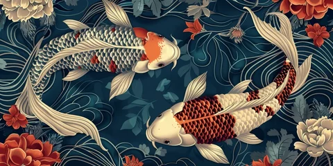 Fotobehang Two koi yin yang fish portrayed on a blue background with flowers in the style of dark crimson and dark beige, playful repetitions, luxurious fabrics created with Generative AI Technology © Animals Creator