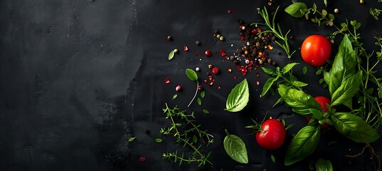 Fresh basil, tomatoes, peppercorns, and thyme on black background - obrazy, fototapety, plakaty