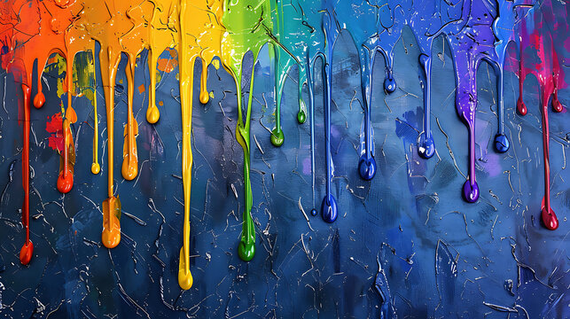 This captivating image showcases a colorful cascade of paint drips against a blue textured background.