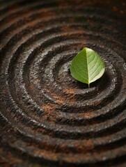 Naklejka premium A single green leaf rests peacefully on a cold metal surface, showcasing the contrast between nature and man-made materials