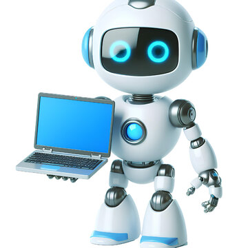 3D cute robot with laptop isolated on white background