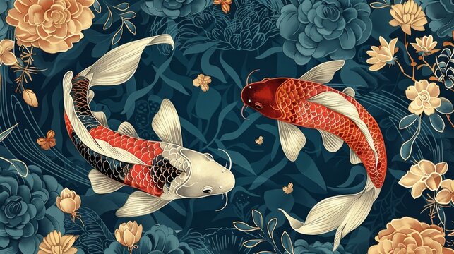 Two koi yin yang fish portrayed on a blue background with flowers in the style of dark crimson and dark beige, playful repetitions, luxurious fabrics created with Generative AI Technology