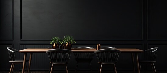 Dark dining area showcasing a solid wooden dining table accompanied by sleek black chairs
