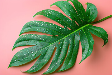 Green Tropical leave Monstera on pink background. Flat lay, top view	
