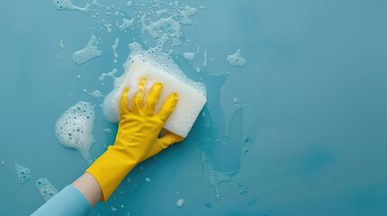 Hand in yellow glove is cleaning wall, copy space. Commercial cleaning company banner - obrazy, fototapety, plakaty