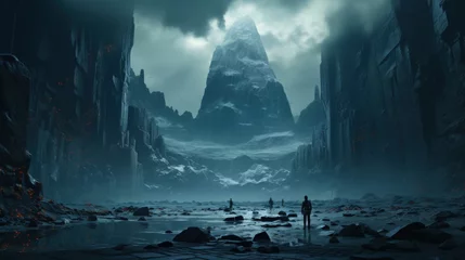 Fotobehang Fantasy landscape with a man standing in the middle of the lake, Mystical Ice Mountain Landscape © WaniArt