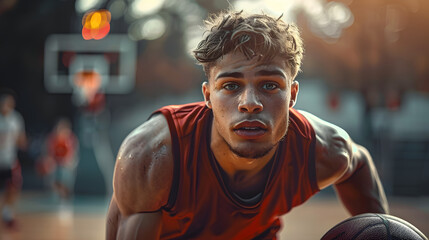 Young male basketball player dribbling the ball on basketball court in action.