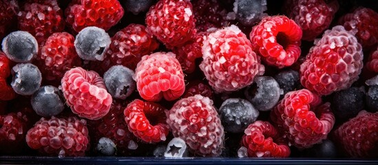 Raspberries and blueberries are mixed together in a frozen state, creating a colorful and flavorful combination of berries. - obrazy, fototapety, plakaty