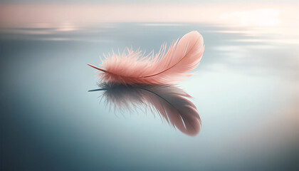 A pink feather floating on the surface of still water