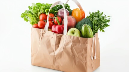 Healthy food concept. Paper bag filled with nutritious items on white background