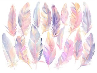 A collection of vibrant feathers in various colors including red, blue, yellow, and green, arranged on a clean white background