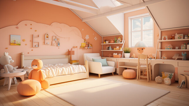 Building a peach color childs bedroom with bed, desk, chairs, and toys for comfort and play