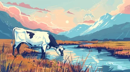 Fotobehang Clear Cartoon Illustration art style of a cow grazing in a field with mountains and river background created with Generative AI Technology © Animals Creator