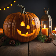 Obraz premium Pumpkin Jack O'Lantern surrounded by halloween decor