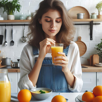woman drinks orange juice at white kitchen