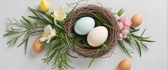 Top view of spring composition with eggs and brunches, Easter concept