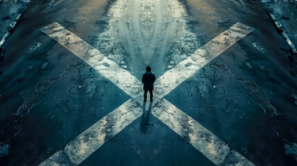 Lone individual at crossroads with dramatic sky - obrazy, fototapety, plakaty