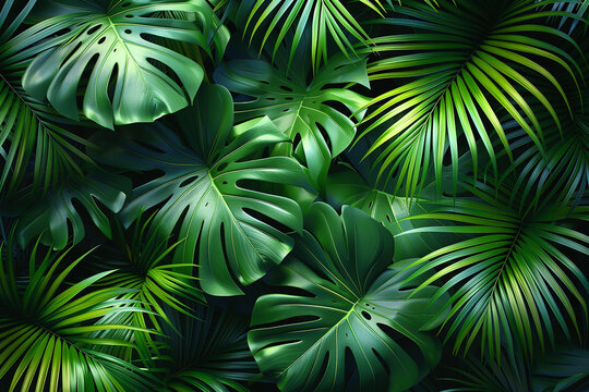 Tropical green leaves Monstera background. Flat lay, top view	