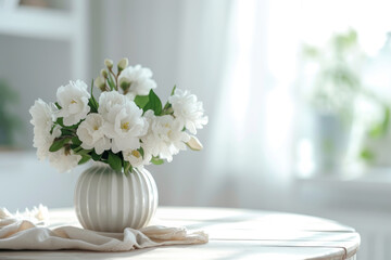 Stylish Scandinavian minimalistic interior with round wooden table and vase with white flowers