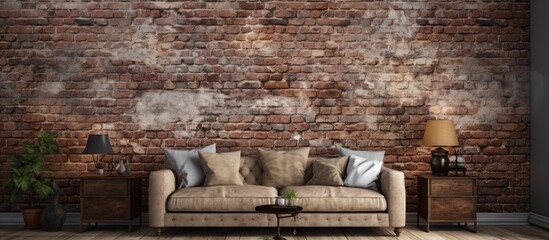 A couch is positioned in front of a brick wall. The brick wall provides a sturdy backdrop for the couch, creating a simple yet impactful visual contrast.