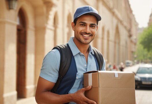 A smiling delivery man outdoors carries a package. The image evokes service, reliability, and a positive work ethic.