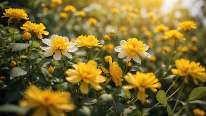 Leuchtende gelbe Blumen und weiße Akzente im Sonnenschein - ein Bild der Naturpracht