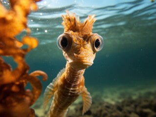 A close-up of a seahorse  in the water. Generative AI. - obrazy, fototapety, plakaty