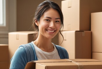 A woman unpacks boxes in a new home, her smile expressing the happiness of creating a new personal space.