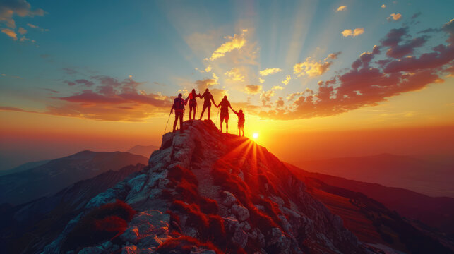 Team building, a group of people makes an ascent to the top of a mountain, teamwork - Powered by Adobe