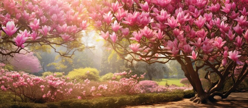A painting depicting a park filled with lush greenery and vibrant pink flowers, such as magnolias, in full bloom. The scene captures the essence of summertime with an array of colorful blossoms.